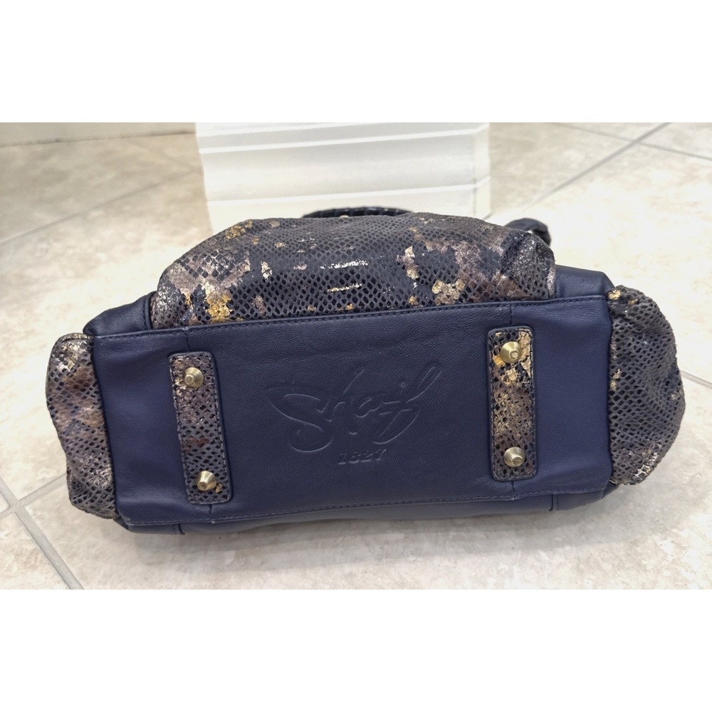 Sharif 1827 Navy Blue Leather Shoulder Bag Purse Faux Snakeskin Purse Preppy - Picture 9 of 14